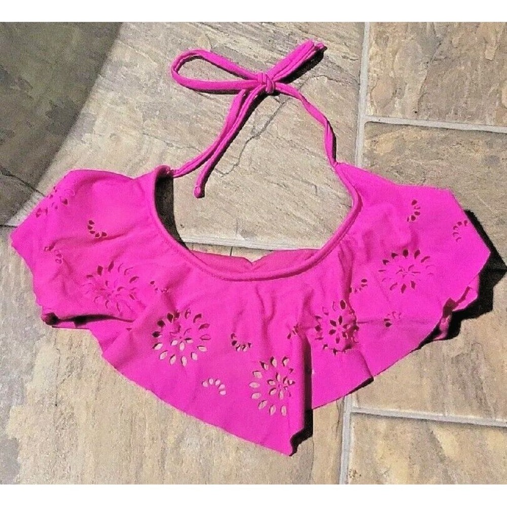 Vtg OP M 7-9 Swim Bikini Top Hot Pink Ruffle Eyelet  Bandeau Unpadded Swimsuit